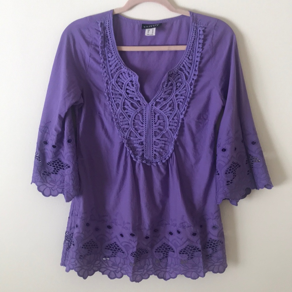 Venus Purple Peasant Top with Bell Sleeve Cutouts